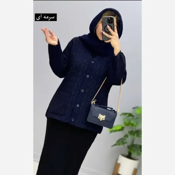 ژاکت بافت مخملی یقه هفت جیب دار فری سایز - تصویر 3