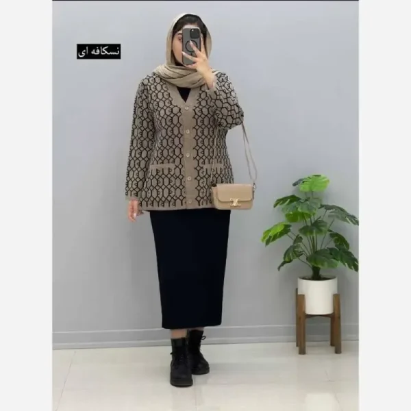 ژاکت بافت مخملی یقه هفت جیب دار فری سایز - تصویر 4