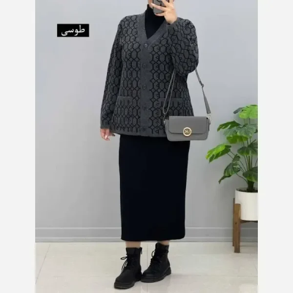 ژاکت بافت مخملی یقه هفت جیب دار فری سایز - تصویر 2