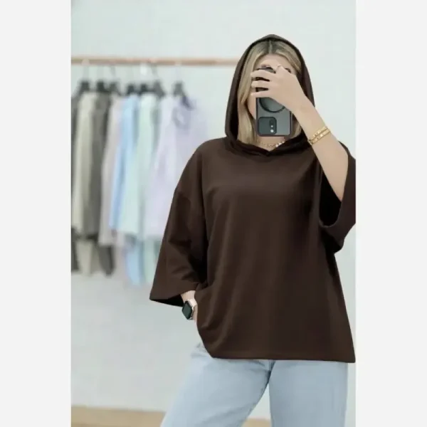 تیشرت کلاهدار زنانه جنس پنبه سوپر فری سایز - تصویر 2