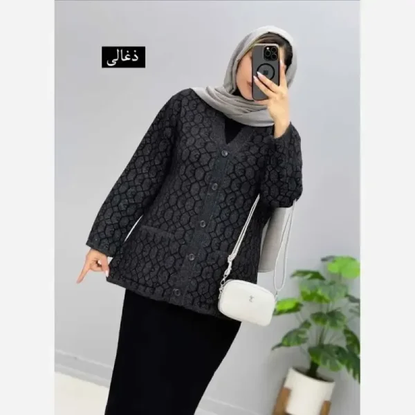 ژاکت بافت مخملی یقه هفت جیب دار فری سایز - تصویر 6