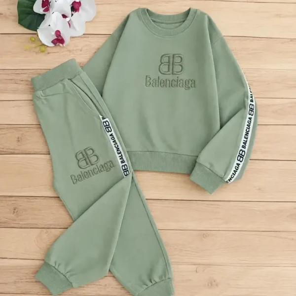 بلوز شلوار دورس بچگانه Balenciaga گلدوزی شده رنگ سبز بنتون نسکافه ای مشکی سایز 40 45 50 - تصویر 2