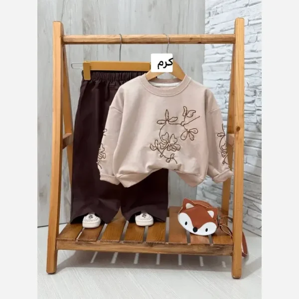 ست کراپ شلوار پاییزه دخترانه گلدوزی شده مروارید کار شده جنس پنبه دورس سه نخ لاکرا و کتان پنبه - تصویر 4