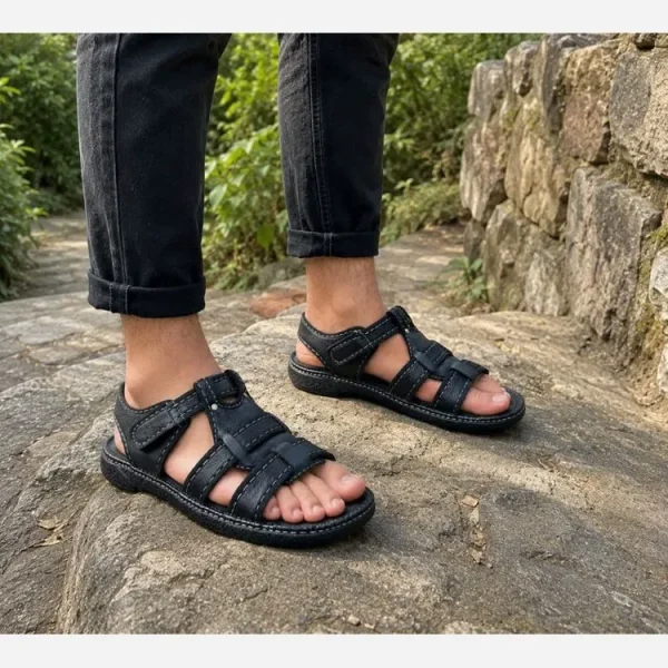صندل مردانه تابستانی مدل پوشکاش چرم ترکیبی طبی و راحت رنگ مشکی و قهوه ای - تصویر 2