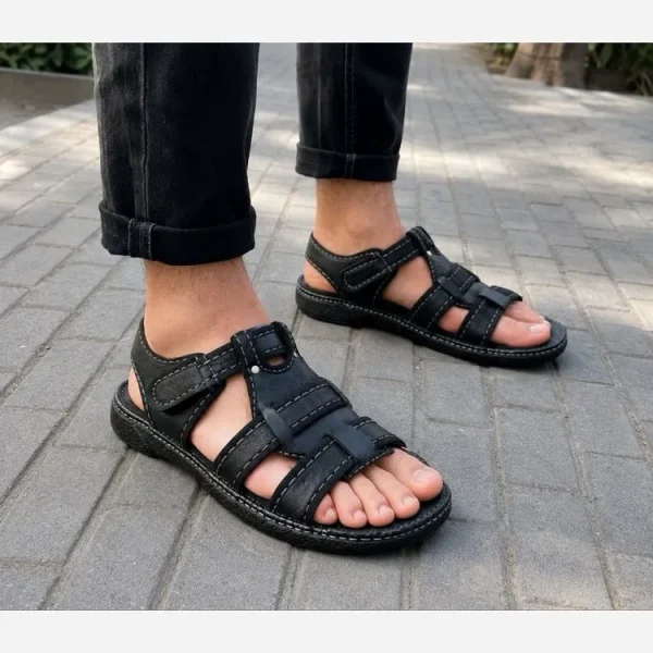 صندل مردانه تابستانی مدل پوشکاش چرم ترکیبی طبی و راحت رنگ مشکی و قهوه ای - تصویر 3